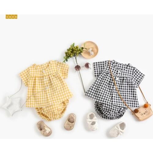 Baby girl clothes 100% cotton Childrens clothing lattice baby sets summer short-sleeved dress+ newborn briefs 2pcs Outfits Sets