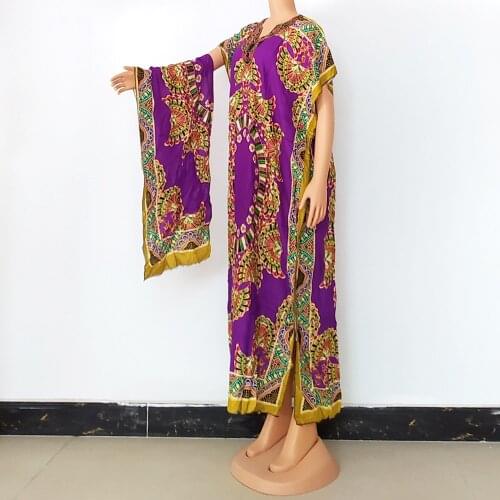 African Dresses for Women Boubou Robe Femme Dashiki Embroidered Print V Neck Kaftan Dress Plus Size Clothing with Scarf