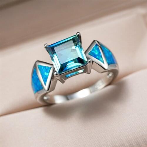 Rainbow Crystal Square Blue Green Zircon Ring Cute Female Blue Fire Opal Stone Ring Vintage Silver Color Wedding Rings For Women