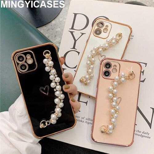 Luxury Plating Pearl Bracelet Chain Soft Case for Iphone 12 Pro Max Mini 11 Pro Max X XS XR 7 8 Plus SE 2020 Love Heart Cover