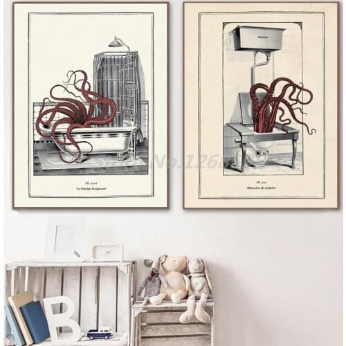 Nordic Vintage Octopus Funny Toilet Wall Art Cloakroom Poster Shower Room Canvas Painting Oil Print Picture Home Decor