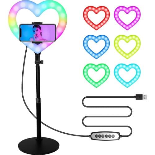 10" Heart-Shaped RGB LED Video Light Dimmable USB Powered Fill Light w/ Phone Holder Desktop Stretch Light Stand for Live Stream