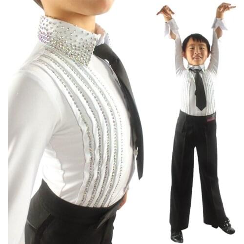 Latin Dance Top Boys Shiny Rhinestone Lapel Shirt Children Competition Performance Ballroom Cha Cha Rumba Samba Salsa DNV12079
