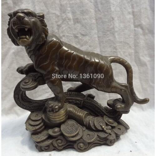 Xd 00347 10"China Pure Bronze Zodiac YuanBao Coin Tiger On RuYi Statue
