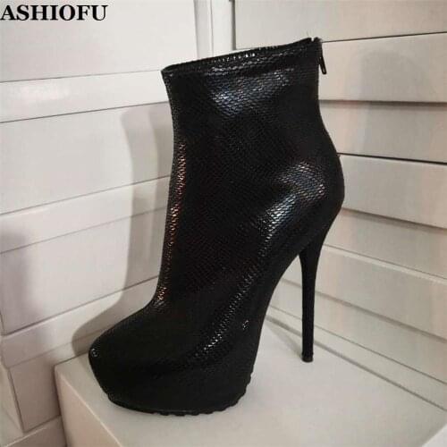ASHIOFU Real Photos Womens High Heel Boots Faux-leather Party Prom Ankle Boots Platform Round-toe Evening Club Fashion Boots