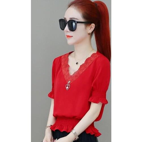 Women Spring Summer Style Chiffon Blouses Shirts lady Casual Short SLeeve V-Neck Blusas Tops ZZ0634