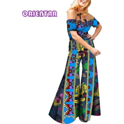 2 Pieces Set African Clothes Women African Bazin Riche Sexy Slash Neck Crop Tops and Long Pants African Print Trousers WY4911