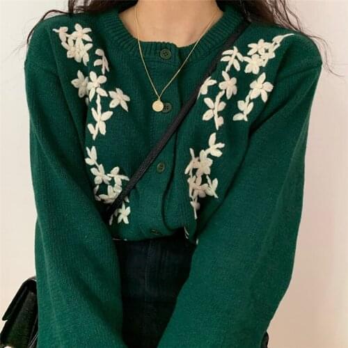 Chic Embroidered Flower Knitting Cardigan Korean Style Women Sweater Autumn 2020 New Coat Vintage Cropped Sueter mujer Invierno