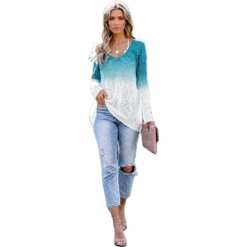 Lady New V-Neck Spray-Dyed Gradient Printing Knitted Sweater Clothing For Autumn 2021 Women Casual Loose Fashion Splice Pullover