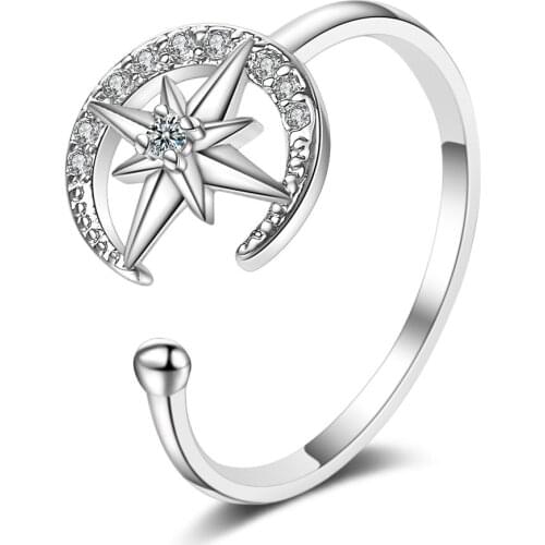 Utimtree New Personality Crescent Moon Ring Fashion Inset Zircon Crystal Star Moon Open Adjustable Women Ring 925 Silver Jewelry