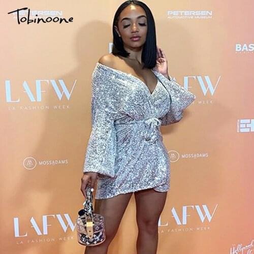 Tobinoone 2019 Sexy Sequins V-Neck Mini Dress Women Elegant Puff Sleeve Sashes Straight Party Dresses Ladies Robe Femme Vestidos