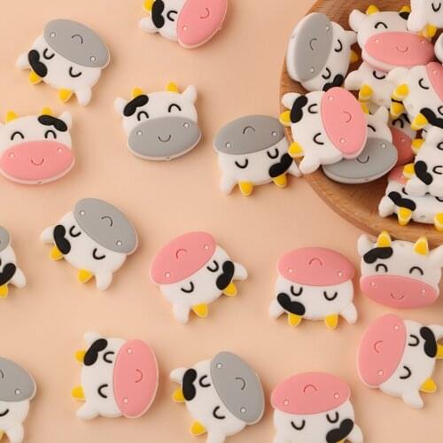 Kovict 50/100Pcs Cartoon Animal Cow Silicone Beads Baby Teeth Care Teethering Ring Rodent Pacifier Chain Molar Toy BPA-Free