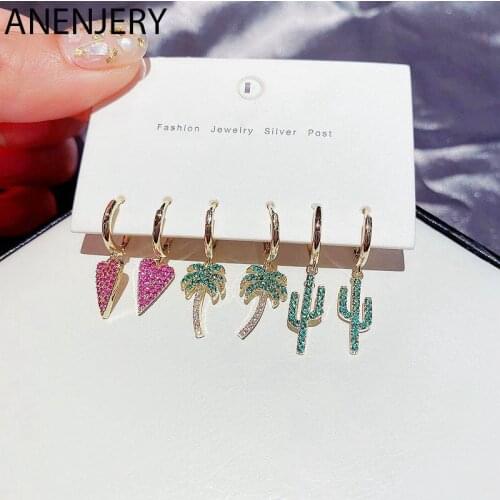 ANENJERY 6 pieces/set Color Zircon Micro-inlaid Love Heart Coconut Tree Cactus Hoop Earrings Set High-end Ear Buckle 2020