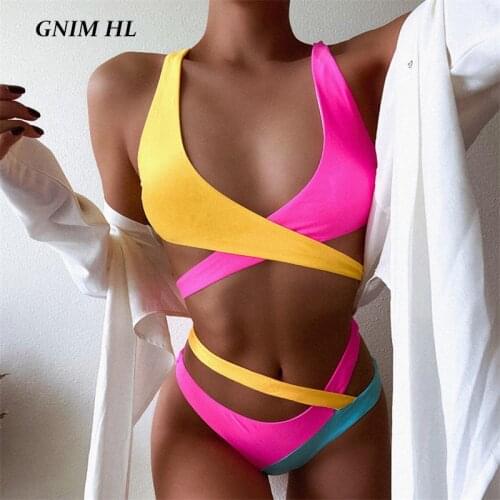 Bandage Swimsuit Women Two Pieces Stitching Bikini Mujer 2020 Sexy Cross Swimsuit Female Summer Beachwear High Waist Bather Suit