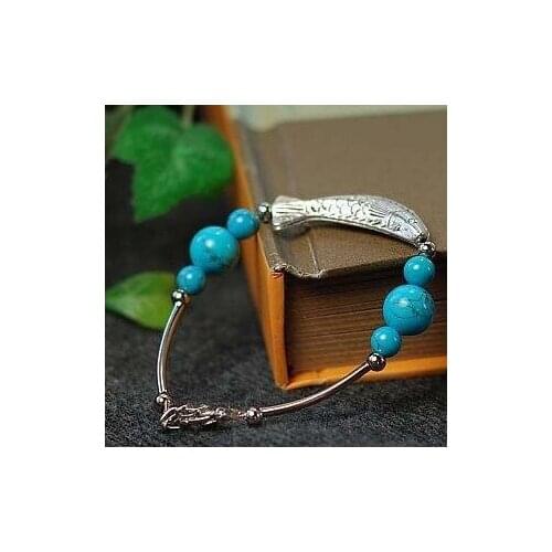 FREE SHIPPING Beautiful Quality Exquisite Tibetan Silver Carved Fish Tur quoise Beads Original Fashion Bracelet Ethnic Jewelry