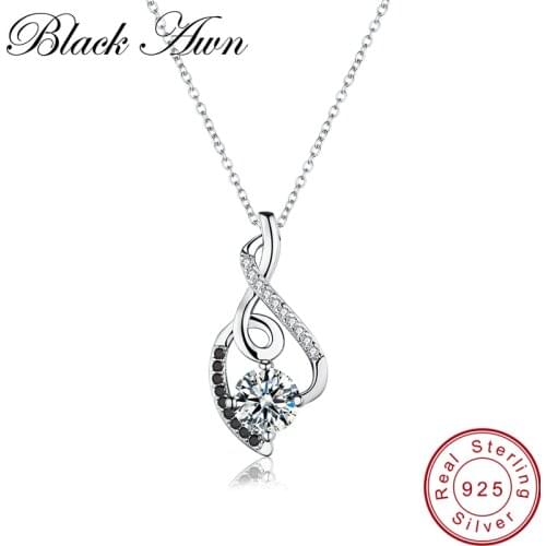 [BLACK AWN] Femme Genuine 100% 925 Sterling Silver Necklaces Pendants Jewelry Black&White Stone Necklace Women Bijoux P081