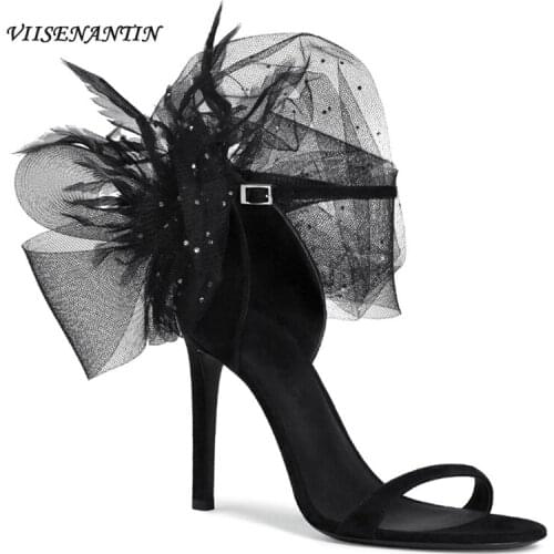 Lace Mesh Rhinestone Big Flower Banquet High Heels Women Stiletto Leather Black Bow All-match One-way Buckle Sandals Women