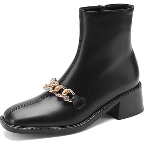 Brand Womens Ankle Boots Newest Metal Chain Leather Chelsea Boots Female Round Toe Thick Heels Autumn Winter Casual Shoes Woman