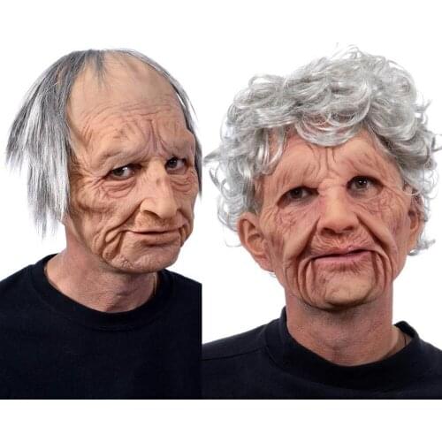 Grandpa Grandma Mask Latex Made Old Man Woman Wrinkled Full Face Masks Light Gray Hair Halloween Party Costume COS Props