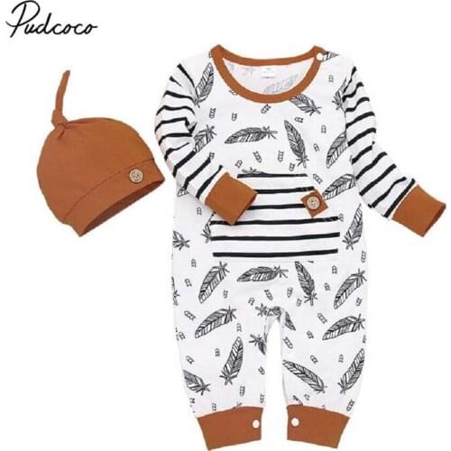 2019 Baby Spring Autumn Clothing Newborn Kid Baby Girl Boy Feather Romper Clothes Long Sleeve Print Jumpsuit Hat Autumn Outfit