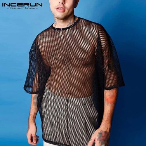 INCERUN Men Mesh T Shirt Round Neck Short Sleeve See Through Streetwear Casual Sexy Tee Tops Breathable Summer 2021 Camisetas