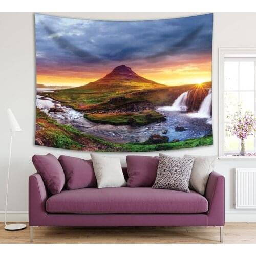 Tapestry Sunset over Waterfalls and Kirkjufell Mountain Iceland Landscapes Nature Ponoramic View Green Yellow Gray