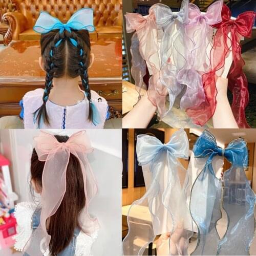 Candy Color Mesh Organza Streamers Hairpins Kids Long Ribbon Duckbill Clip Lace Bow Hair Clip Girls Hairdress Hair Accessories
