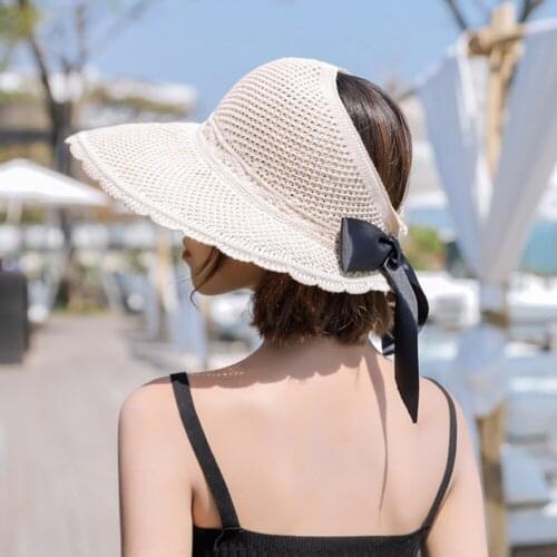 Summer Female Sun Women‘s Hats Big Brim Classic Bowknot Foldable Fashion Straw Casual Outdoor Beach Cap For Women UV Protected