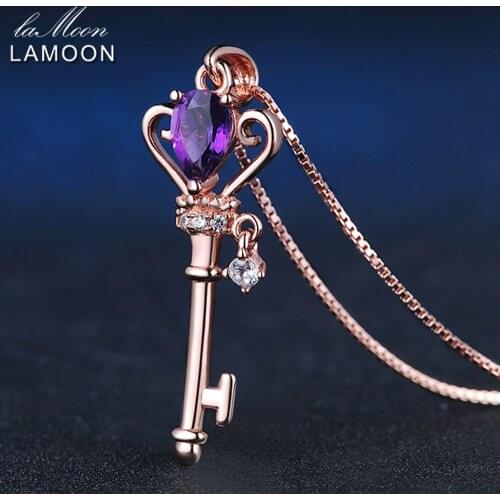 LAMOON Crown Key Pendant 925 Sterling Silver Necklace Jewelry 0.4ct Amethyst Gemstones Necklaces Rose Gold Plated Chain LMNI004