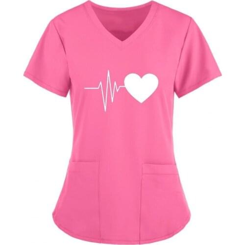 Fashion Casual Women T-shirt ECG Printed Pockets Cotton Tee Tops Lady Summer Short Sleeve T-shirt Uniform Work футболка женский