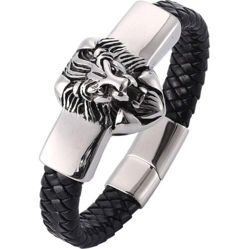 Lion Head Stainless Steel Mens Bracelet Fashion Magnet Buckle Black Braided Leather Rope Bracelets Personality Punk Male Jewelry