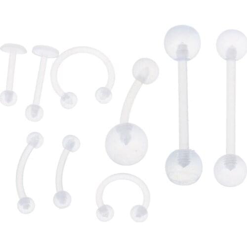 652B 9PCS Clear UV Acrylic Nose Stud Eyebrow Ring Body Piercing Jewelry Kit Set