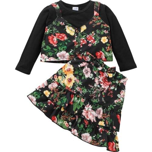 Citgeett Autumn Kids Baby Girls Long Sleeve + Skirt Flower Print Ruffle Hem Sweet Style Spring Clothing Set