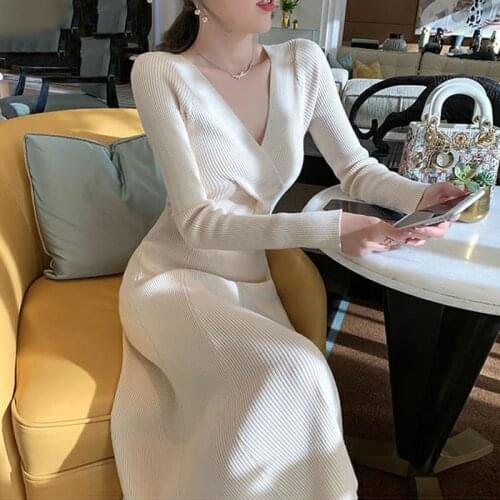Vintage V-neck Elegant Long Sleeve High Waist A-Line Midi Knitted Dress Sexy Deep Korean Style White Womens Dress Vestido 11734