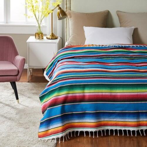 Boho Beach Blanket Outdoor Rainbow Stripe Tablecloth Handmade Beach Towel With Tassels For Beds Travel Picnic Sofa Cover