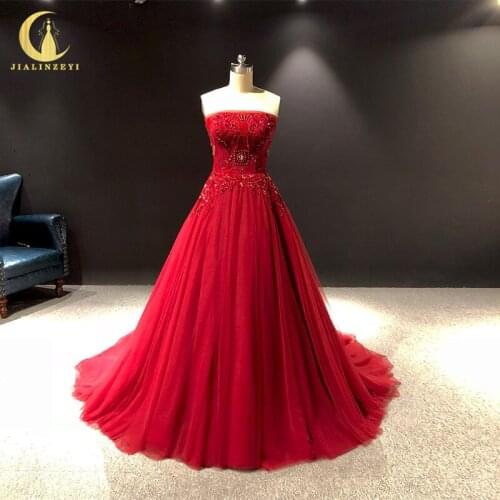 Rhine real Pictures Strapless Red Beads Crystal A-line arabic formal dress evening dresses long