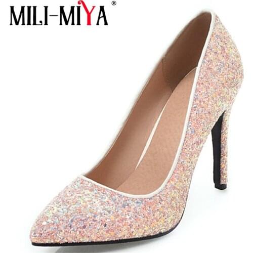 MILI-MIYA Big Size 34-43 New Fashion High Heels Sequined Cloth Women Pumps Thin Heel Classic White Pink Sexy Prom Wedding Shoes