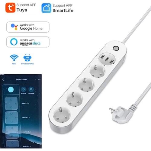 Tuya WiFi Power Strip With 1.5m Cable 4 EU Plug 3 USB Charging Ports Smart Life App Timing Control Work With Alexa Google Home