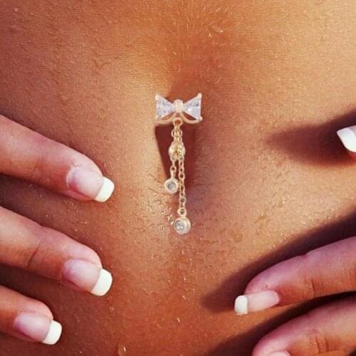Bowknot Tassel Belly Button Rings Sexy Rhinestone Stainless Steel Navel Ring Body Piercing Jewelry for Women