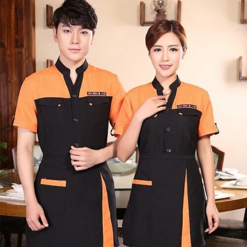Short-sleeved Uniform Women Waitress Hot Pot Shop Restaurants Fast Food Staff Overalls Breathable Waiter Jacket Work Wear H2266