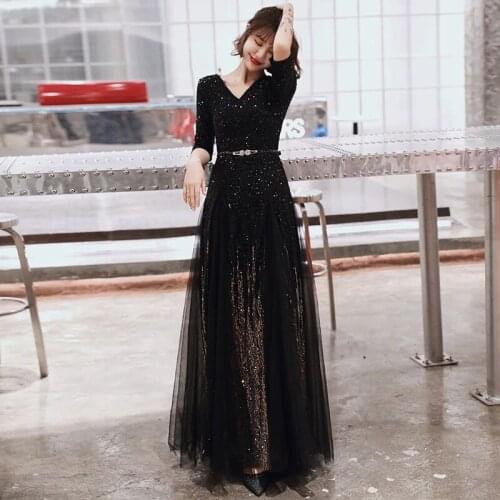 Evening Dresses 2020 Black Sequin V-neck Sparkle Elegant Little A-line Tulle Long Womens Formal Party Prom Gowns