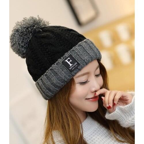Knitted Winter Letters hats Women Double Thicken and Warm Cap Beanies Wool Toque Wool Ball lovely