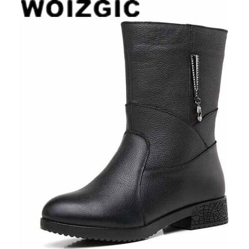 DONGNANFENG New Arrival Women Ladies Female Mother Genuine Leather Shoes Boots Mid Calf Warm Plush Fur Winter Zip 35-42 FJ-3316
