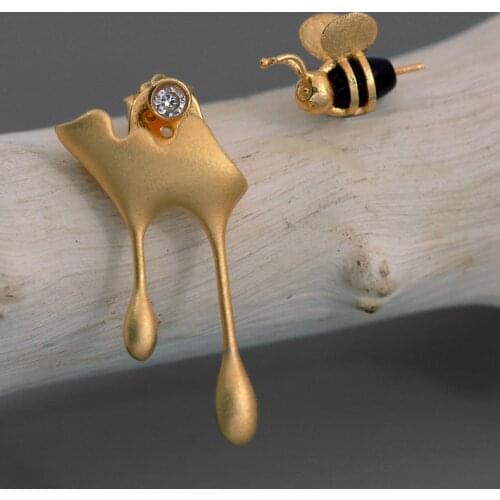 Original design 100% 925 sterling silver bee and honey two-color earrings asymmetric zircon woman earrings boutique jewelry gift
