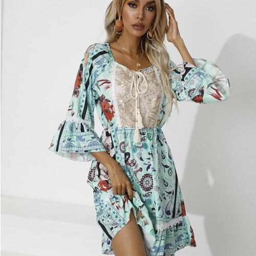 2021 Autumn Womens New Printed Sequined Three-quarter Sleeve Dress Round Neck Mid-waist Flared Sleeve Princess Dress