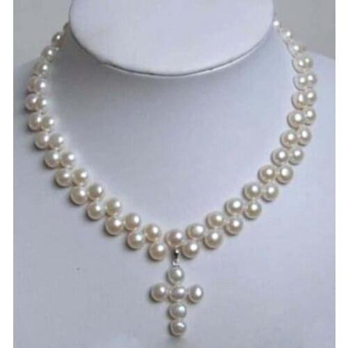 Free shipping Jewelr Engaging White Freshwater Pearl Necklace CROSS PENDANT