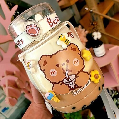 1300ml Cute Water Bottle Cup With Rope Straw Large Capacity Sport Drinking Bottle Coffee Juice Kettle With Sticker Girls Outdoor