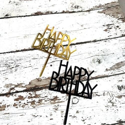 Baby Shower Acrylic Happy Birthday Cake Topper Gold Black Birthday Cake Baking Decoration for Baby Birthday Party Cake Supplies