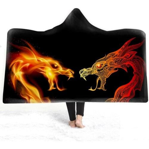 Free shipping New Year Christmas Gift Cool Dragon Fire Flame Adult Kids Sherpa Fleece Warm Hooded Blanket Cloak Sofa Throw