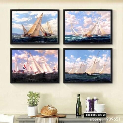 Cotton no frame classical white sailing at blue sea canvas printings oil painting printed on cotton wall art decoration picture